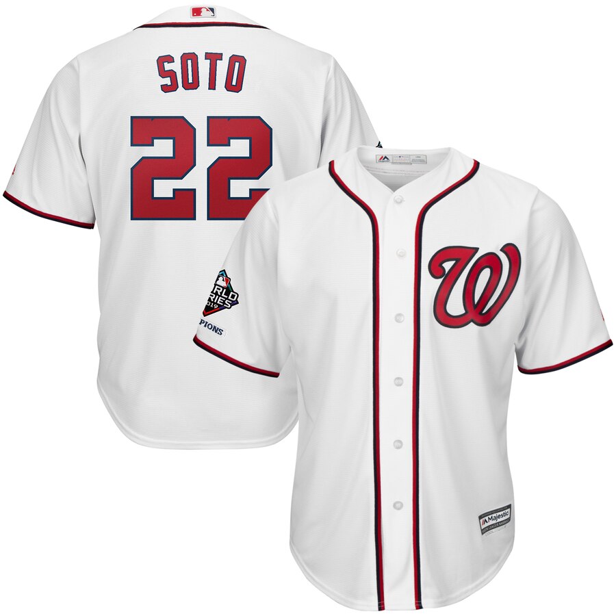 Washington Nationals #22 Juan Soto Majestic 2019 World Series Champions Home Official Cool Base Bar Patch Player Jersey White
