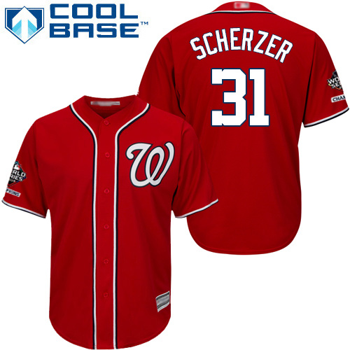 Nationals #31 Max Scherzer Red New Cool Base 2019 World Series Champions Stitched MLB Jersey