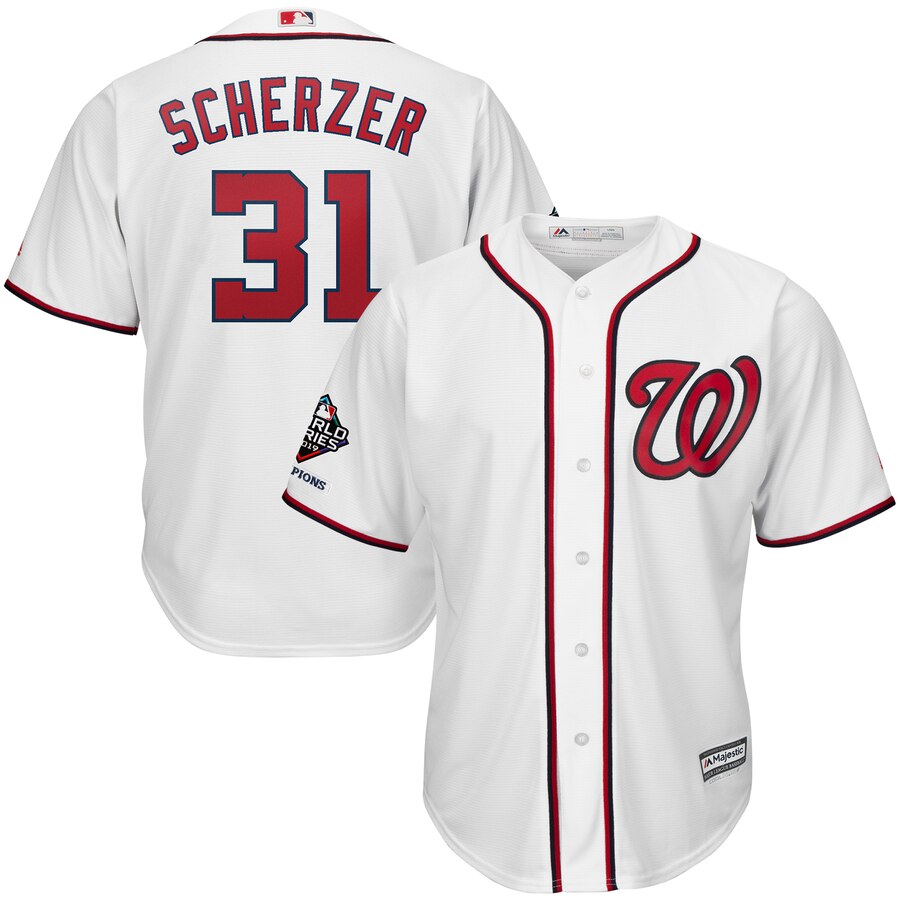 Washington Nationals #31 Max Scherzer Majestic 2019 World Series Champions Home Official Cool Base Bar Patch Player Jersey White