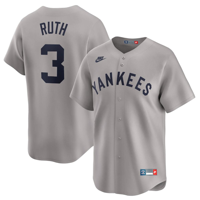 Men's New York Yankees #3 Babe Ruth Gray Cooperstown Collection Limited Stitched Baseball Jersey