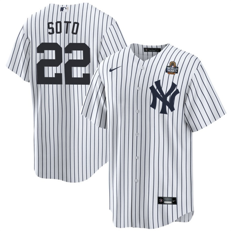 Men's New York Yankees #22 Juan Soto White 2024 World Series With Name Cool Base Stitched Baseball Jersey Men's New York Yankees #22 Juan Soto White 2024 World Series With Name Cool Base Stitched Baseball Jersey