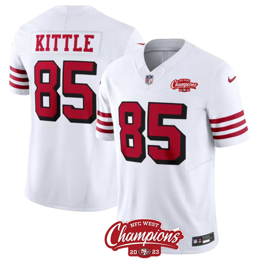 Men's San Francisco 49ers #85 George Kittle White 2023 F.U.S.E. NFC West Champions Patch Alternate Stitched Football Jersey