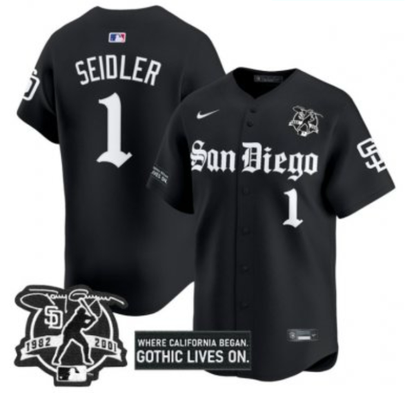Men's San Diego Padres #1 Peter Seidler Black Gothic Edition Vapor Limited Stitched Baseball Jersey Men's San Diego Padres #1 Peter Seidler Black Gothic Edition Vapor Limited Stitched Baseball Jersey