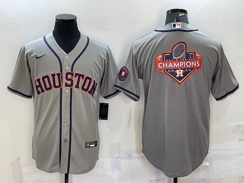 Men's Houston Astros Grey 2022 World Series Champions Team Big Logo With Patch Cool Base Stitched Jersey