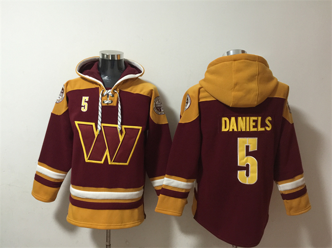 Men's Washington Commanders #5 Jayden Daniels Burgundy Ageless Must-Have Lace-Up Pullover Hoodie Men's Washington Commanders #5 Jayden Daniels Burgundy Ageless Must-Have Lace-Up Pullover Hoodie