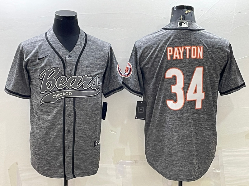 Men's Chicago Bears #34 Walter Payton Grey With Patch Cool Base Stitched Baseball Jersey