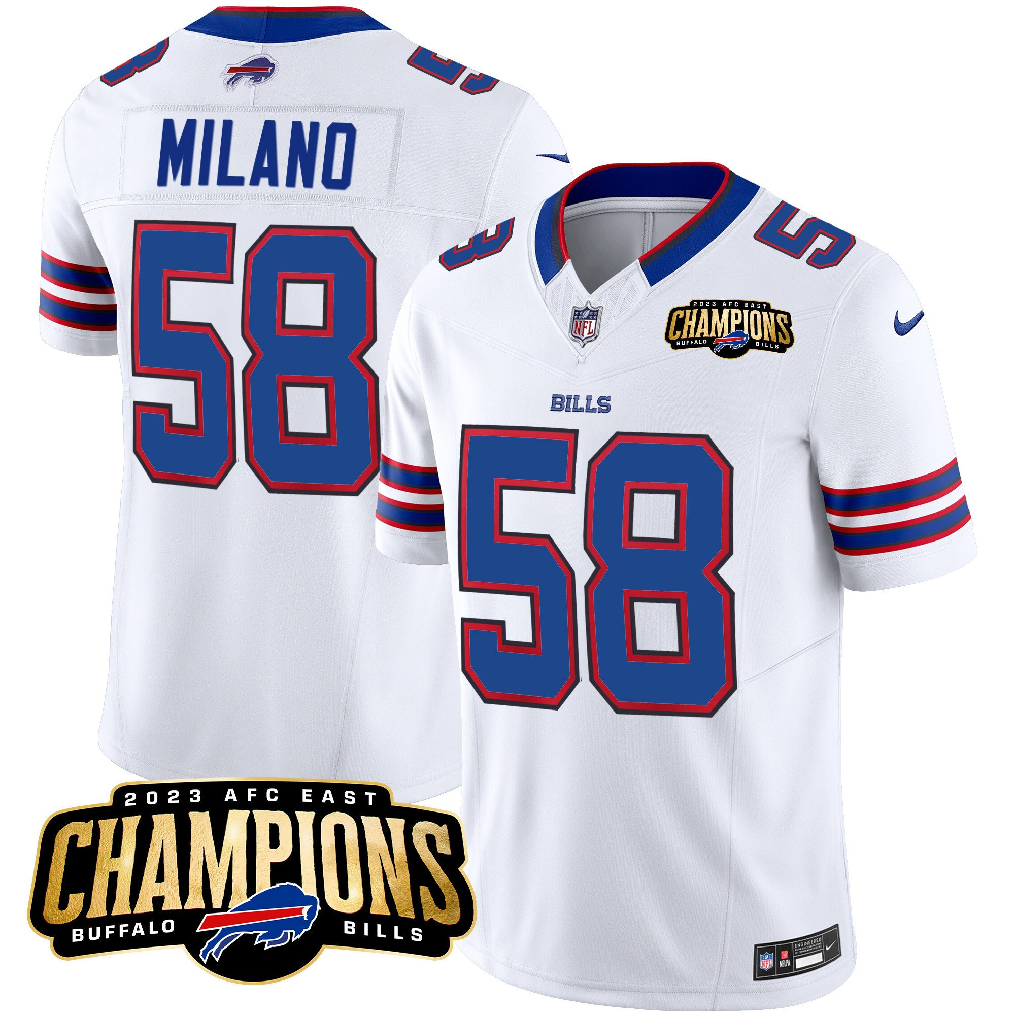 Men's Buffalo Bills #58 Matt Milano White 2023 F.U.S.E. AFC East Champions Ptach Stitched Football Jersey