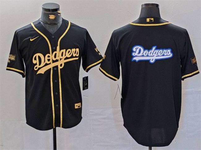 Men's Los Angeles Dodgers Team Big Logo Black Gold Cool Base With Patch Stitched Baseball Jersey