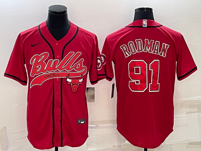 Men's Chicago Bulls #91 Dennis Rodman Red With Patch Cool Base Stitched Baseball Jersey Men's Chicago Bulls #91 Dennis Rodman Red With Patch Cool Base Stitched Baseball Jersey