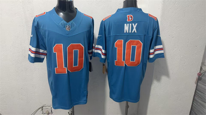 Men's Denver Broncos #10 Bo Nix Blue F.U.S.E. With Patch Throwback Vapor Limited Stitched Football Jersey