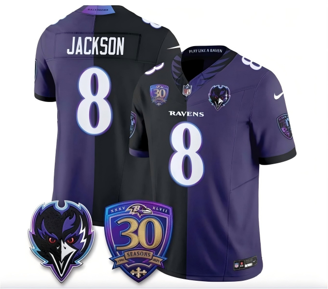 Men's Baltimore Ravens Active Player Custom Black/Purple Split F.U.S.E. With Patch Limited Stitched Football Jersey