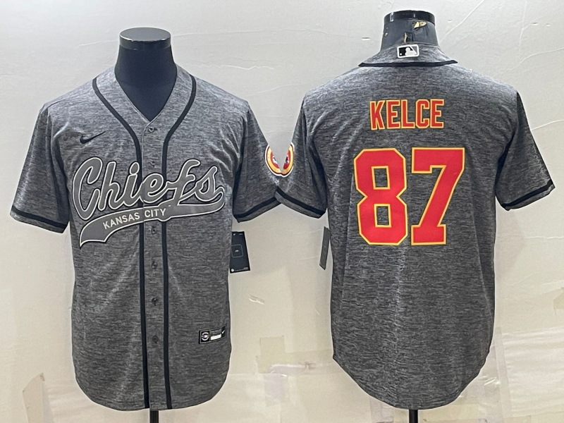 Men's Kansas City Chiefs #87 Travis Kelce Grey With Patch Cool Base Stitched Baseball Jersey