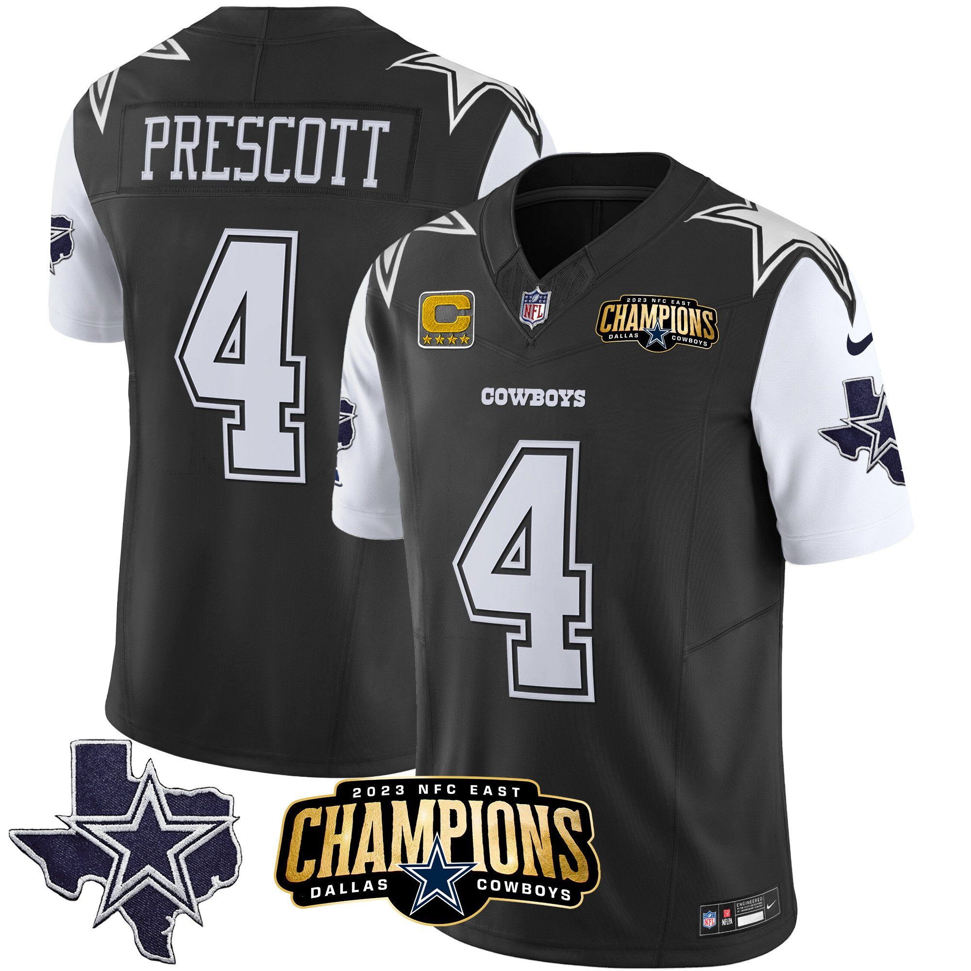 Men's Dallas Cowboys #4 Dak Prescott Black/White 2023 F.U.S.E. NFC East Champions With 4-star C Ptach Stitched Football Jersey