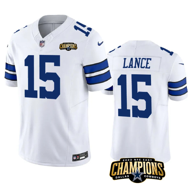 Men's Dallas Cowboys #15 Trey Lance White 2023 F.U.S.E. NFC East Champions Patch Stitched Football Jersey