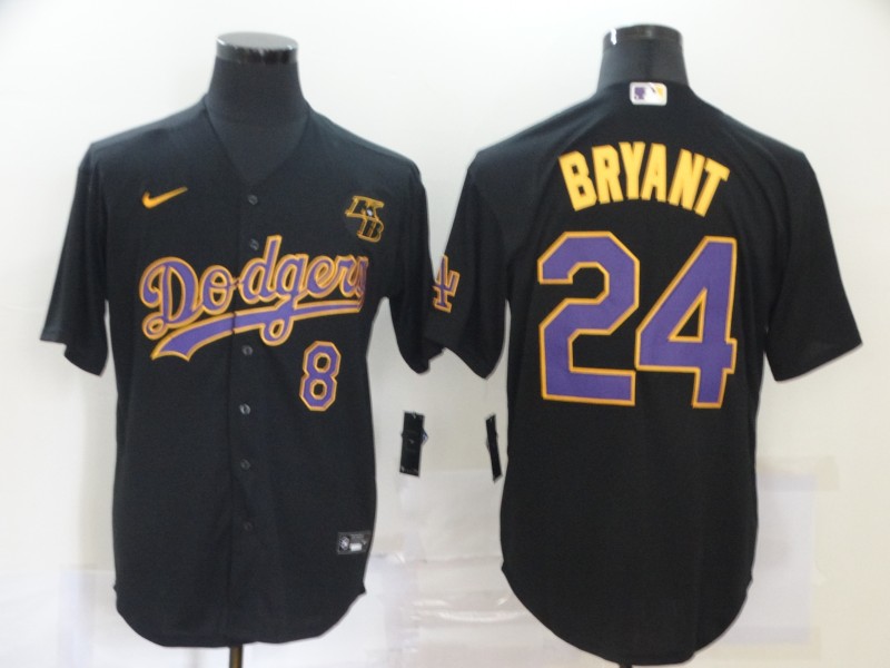 Men's Los Angeles Dodgers Front #8 Back #24 Kobe Bryant Throwback Black MLB With KB Patch Cool Base Stitched Jersey