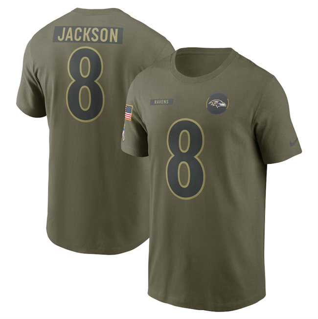 Men's Baltimore Ravens #8 Lamar Jackson Olive 2025 Salute to Service Name & Number T-Shirt Men's Baltimore Ravens #8 Lamar Jackson Olive 2025 Salute to Service Name & Number T-Shirt