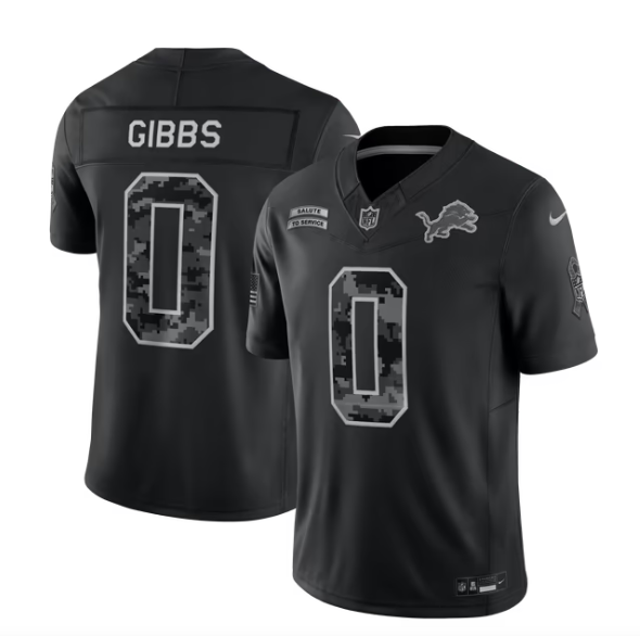 Men's Detroit Lions #0 Jahmyr Gibbs Black F.U.S.E. 2026 Salute to Service Limited Stitched Football Jersey