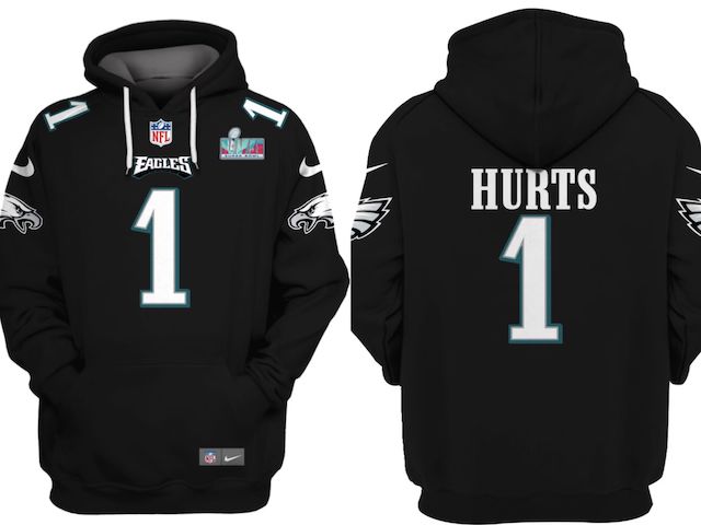 Men's Philadelphia Eagles #1 Jalen Hurts Black Super Bowl LVII Patch Pullover Hoodie Men's Philadelphia Eagles #1 Jalen Hurts Black Super Bowl LVII Patch Pullover Hoodie