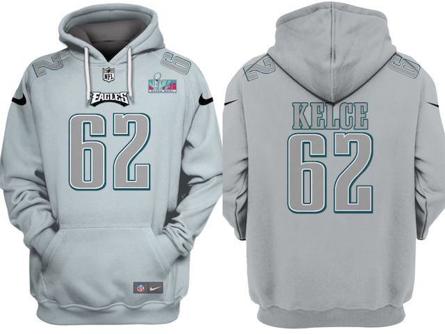 Men's Philadelphia Eagles #62 Jason Kelce Grey Atmosphere Fashion Super Bowl LVII Patch Pullover Hoodie Men's Philadelphia Eagles #62 Jason Kelce Grey Atmosphere Fashion Super Bowl LVII Patch Pullover Hoodie