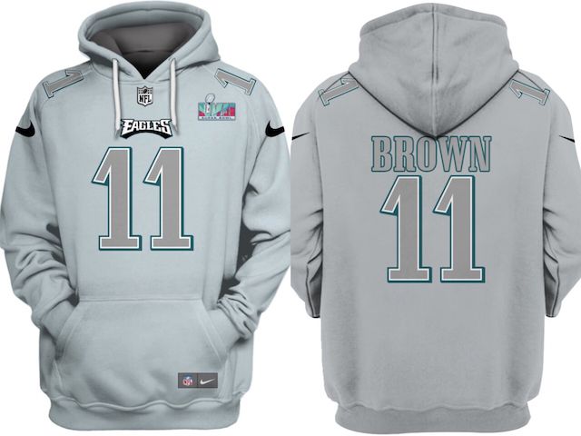 Men's Philadelphia Eagles #11 A.J. Brown Grey Atmosphere Fashion Super Bowl LVII Patch Pullover Hoodie Men's Philadelphia Eagles #11 A.J. Brown Grey Atmosphere Fashion Super Bowl LVII Patch Pullover Hoodie