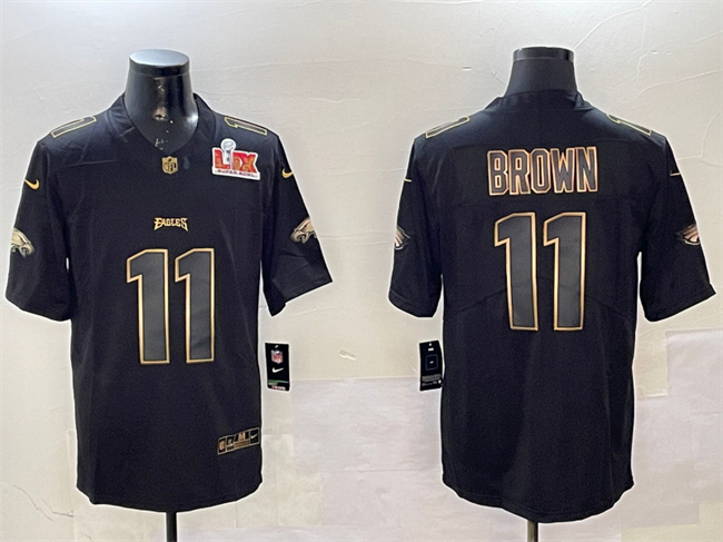 Men's Philadelphia Eagles #11 A. J. Brown Black/Gold 2025 Super Bowl LIX Patch Vapor Untouchable Limited Stitched Football Jersey Men's Philadelphia Eagles #11 A. J. Brown Black/Gold 2025 Super Bowl LIX Patch Vapor Untouchable Limited Stitched Football Jersey