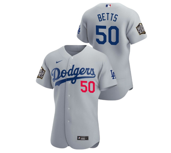 Men's Los Angeles Dodgers #50 Mookie Betts Grey 2020 World Series stitched MLB Jersey