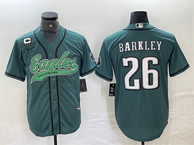 Men's Philadelphia Eagles #26 Saquon Barkley Green With 3-star C Patch Cool Base Stitched Baseball Jersey