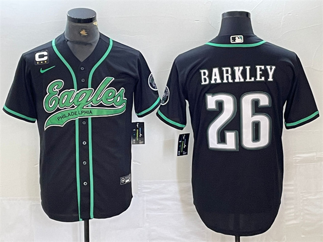 Men's Philadelphia Eagles #26 Saquon Barkley Black With 3-star C Patch Cool Base Stitched Baseball Jersey