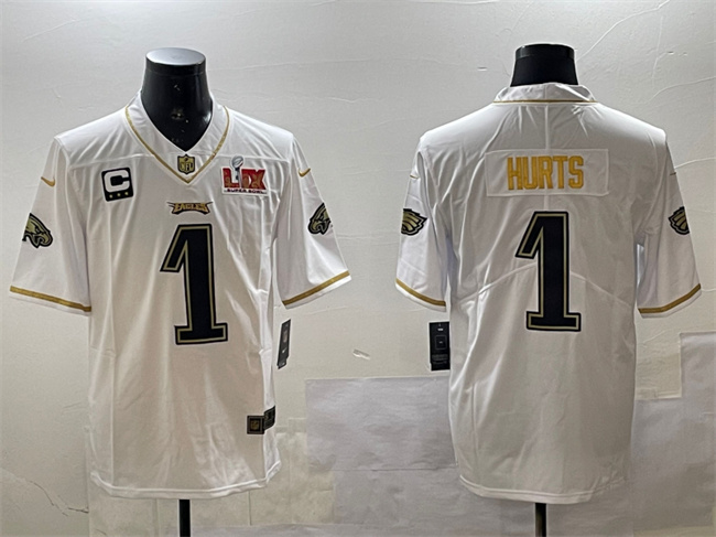 Men's Philadelphia Eagles #1 Jalen Hurts White/Gold 2025 Super Bowl LIX Patch And 3-star C Patch Salute To Service Vapor Untouchable Limited Stitched Football Jersey