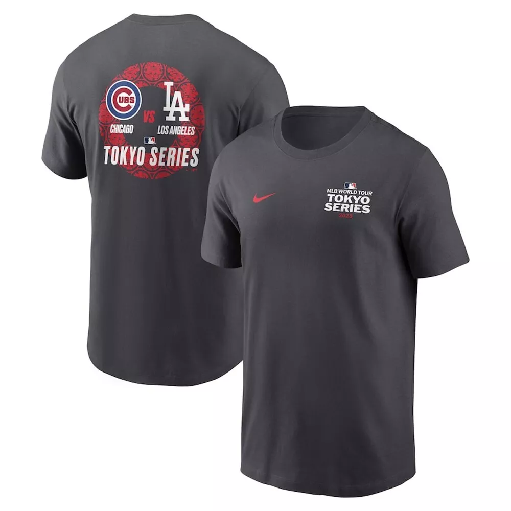 Men's Los Angeles Dodgers vs. Chicago Cubs Matchup Anthracite 2025 Tokyo Series T-Shirt Men's Los Angeles Dodgers vs. Chicago Cubs Matchup Anthracite 2025 Tokyo Series T-Shirt
