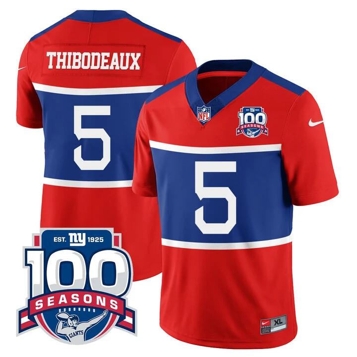 Men's New York Giants #5 Kayvon Thibodeaux Century Red 100TH Season Commemorative Patch Limited Stitched Football Jersey