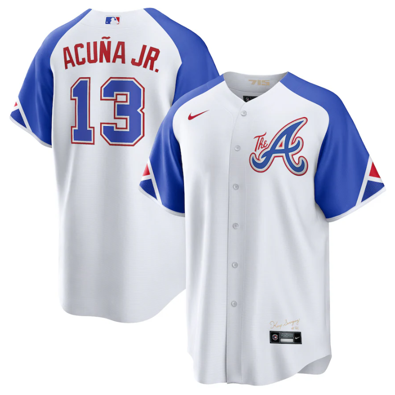 Men's Atlanta Braves #13 Ronald Acuña Jr. White 2023 City Connect Cool Base Stitched Baseball Jersey Men's Atlanta Braves #13 Ronald Acuña Jr. White 2023 City Connect Cool Base Stitched Baseball Jersey