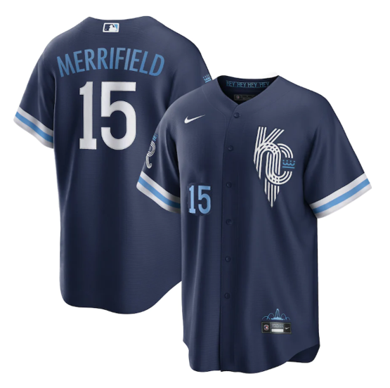 Men's Kansas City Royals #15 Whit Merrifield 2022 Navy City Connect Cool Base Stitched Jersey