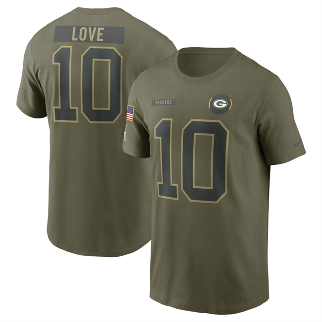 Men's Green Bay Packers #10 Jordan Love Olive 2025 Salute to Service Name & Number T-Shirt Men's Green Bay Packers #10 Jordan Love Olive 2025 Salute to Service Name & Number T-Shirt