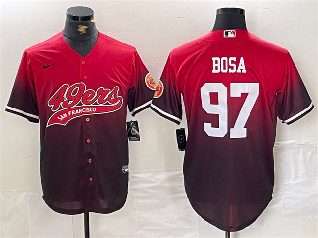 Men's San Francisco 49ers #97 Nick Bosa Red/Black With Patch Cool Base Stitched Baseball Jersey