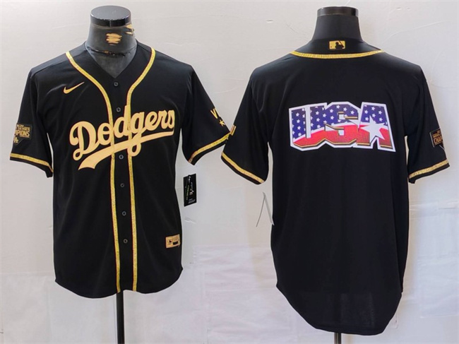 Men's Los Angeles Dodgers Team Big Logo Black Gold Cool Base With Patch Stitched Baseball Jersey