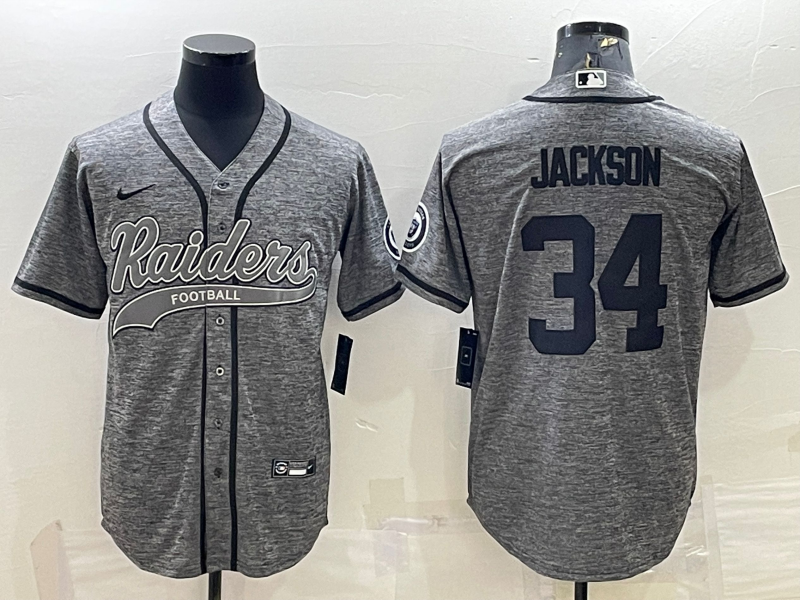 Men's Las Vegas Raiders #34 Bo Jackson Grey With Patch Cool Base Stitched Baseball Jersey