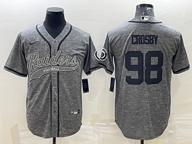 Men's Las Vegas Raiders #98 Maxx Crosby Grey With Patch Cool Base Stitched Baseball Jersey