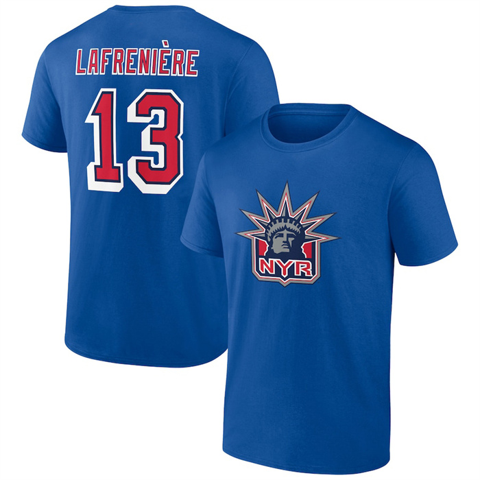 Men's New York Rangers #13 Alexis Lafrenière Blue T-Shirt Men's New York Rangers #13 Alexis Lafrenière Blue T-Shirt
