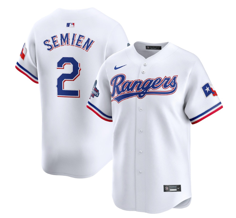 Men's Texas Rangers #2 Marcus Semien White 2023 World Series Champions Stitched Baseball Jersey