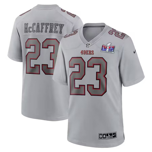 Men's San Francisco 49ers #23 Christian McCaffrey Gray 2024 Super Bowl LVIII Patch Atmosphere Fashion Stitched Game Jersey