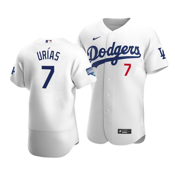 Men's Los Angeles Dodgers #7 Julio Urias White 2020 World Series Champions Home Patch Stitched MLB Jersey