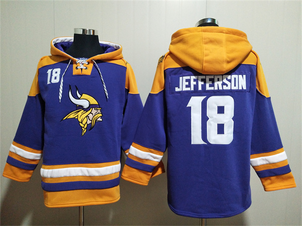 Men's Minnesota Vikings #18 Justin Jefferson Purple/Yellow Ageless Must-Have Lace-Up Pullover Hoodie Men's Minnesota Vikings #18 Justin Jefferson Purple/Yellow Ageless Must-Have Lace-Up Pullover Hoodie