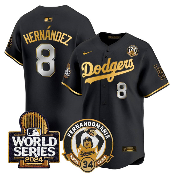 Men's Los Angeles Dodgers #8 Enrique Hernández Black Gold Fernando Valenzuela & 2024 World Series Patch Limited Stitched Baseball Jersey Men's Los Angeles Dodgers #8 Enrique Hernández Black Gold Fernando Valenzuela & 2024 World Series Patch Limited Stitched Baseball Jersey