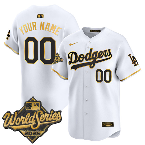 Men's Los Angeles Dodgers ACTIVE PLAYER Custom White Gold 2025 World Series Gold Trim Vapor Premier Limited Stitched Baseball Jersey Men's Los Angeles Dodgers ACTIVE PLAYER Custom White Gold 2025 World Series Gold Trim Vapor Premier Limited Stitched Baseball Jersey