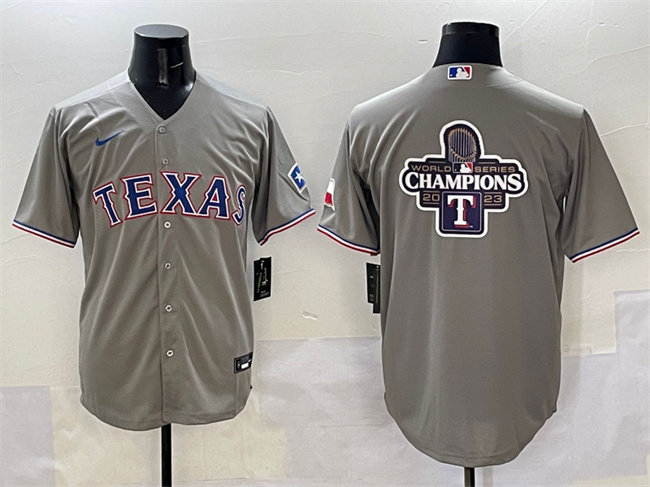 Men's Texas Rangers Grey 2023 World Series Champions Big Logo With Patch Cool Base Stitched Baseball Jersey Men's Texas Rangers Grey 2023 World Series Champions Big Logo With Patch Cool Base Stitched Baseball Jersey
