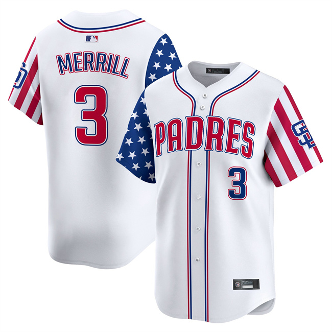 Men's San Diego Padres #3 Jackson Merrill White 2025 Independence Day Vapor Premier Limited Stitched Baseball Jersey Men's San Diego Padres #3 Jackson Merrill White 2025 Independence Day Vapor Premier Limited Stitched Baseball Jersey