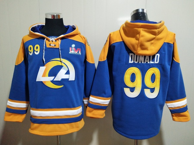 Men's Los Angeles Rams #99 Aaron Donald 2022 Royal Super Bowl LVI Champions Pullover Hoodie Men's Los Angeles Rams #99 Aaron Donald 2022 Royal Super Bowl LVI Champions Pullover Hoodie