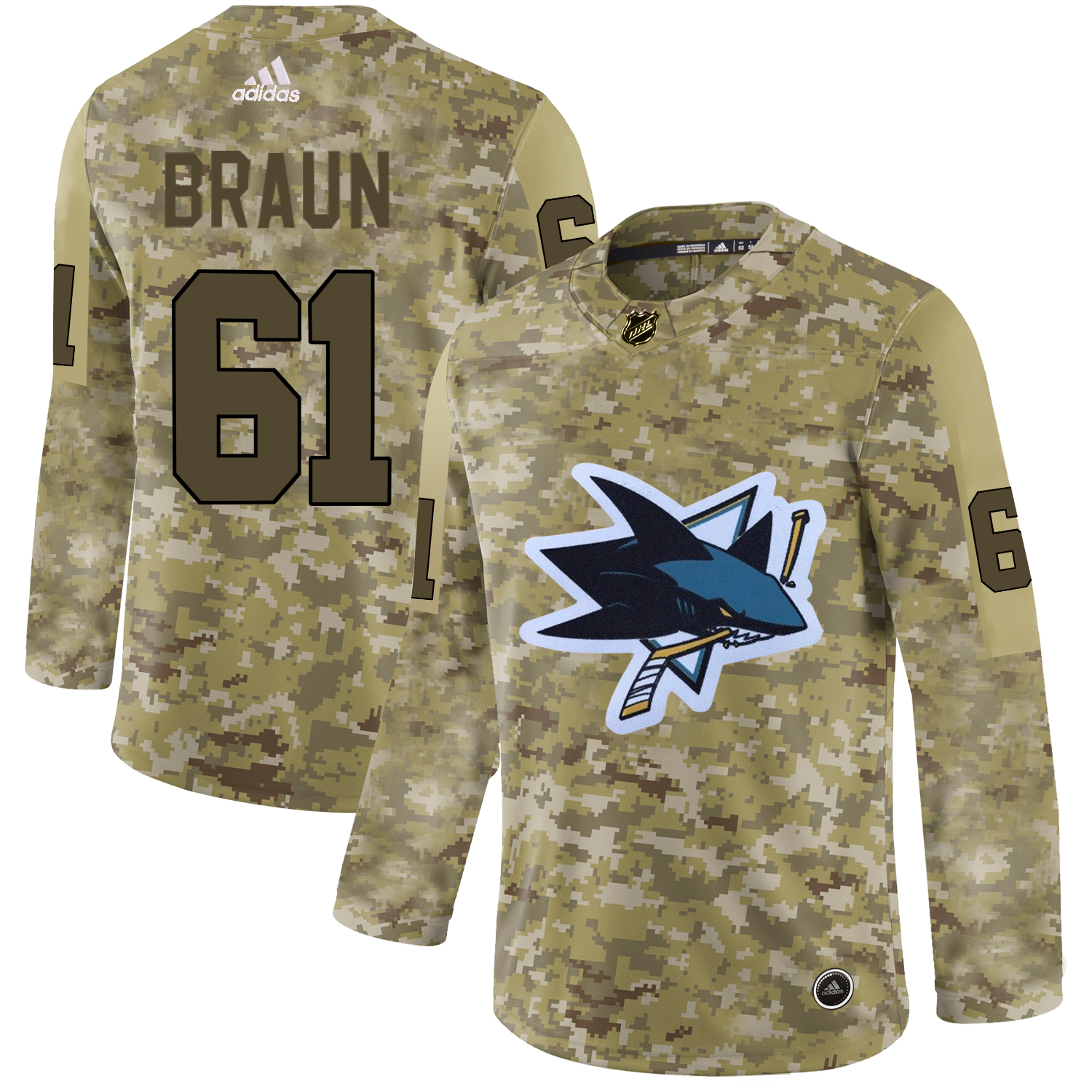 Adidas Sharks #61 Justin Braun Camo Authentic Stitched NHL Jersey