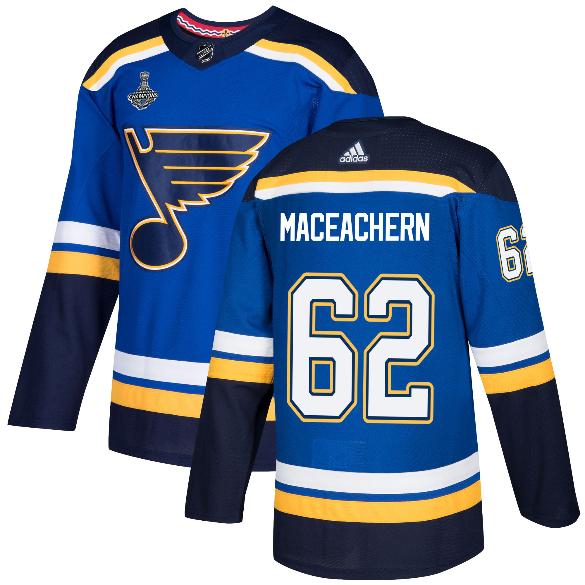 Adidas Blues #62 Mackenzie MacEachern Blue Home Authentic 2019 Stanley Cup Champions Stitched NHL Jersey